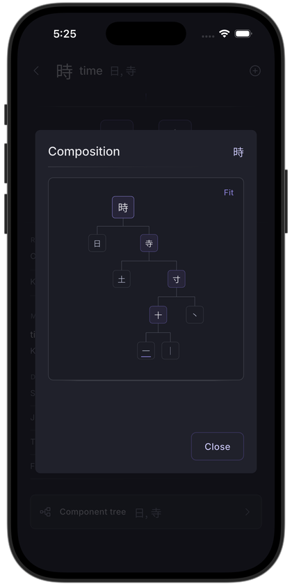 The composition tree for 時, unfolding through 日, 寺, 土, 寸 and single strokes