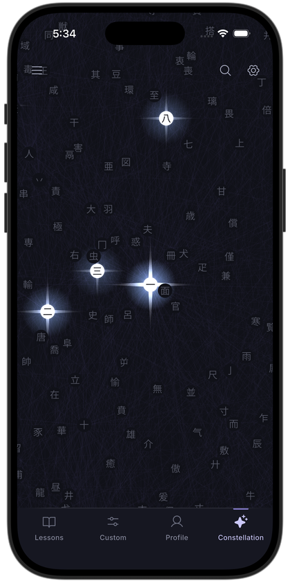 The Kanji Constellation, with studied characters lit up among some 2,000